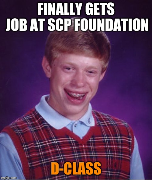 Bad Luck Brian | FINALLY GETS JOB AT SCP FOUNDATION; D-CLASS | image tagged in memes,bad luck brian | made w/ Imgflip meme maker