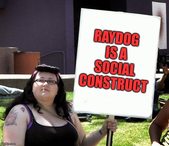 sjw with sign | RAYDOG IS A SOCIAL CONSTRUCT | image tagged in sjw with sign | made w/ Imgflip meme maker