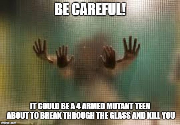 shower sex | BE CAREFUL! IT COULD BE A 4 ARMED MUTANT TEEN ABOUT TO BREAK THROUGH THE GLASS AND KILL YOU | image tagged in shower sex | made w/ Imgflip meme maker