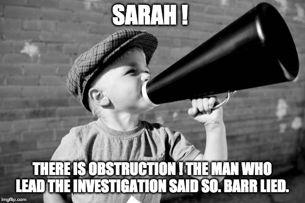 megaphone | SARAH ! THERE IS OBSTRUCTION ! THE MAN WHO LEAD THE INVESTIGATION SAID SO. BARR LIED. | image tagged in megaphone | made w/ Imgflip meme maker