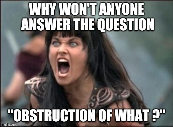 A rhetorical question ? | WHY WON'T ANYONE ANSWER THE QUESTION; "OBSTRUCTION OF WHAT ?" | image tagged in angry xena,stupid liberals,answers,simple,questions,aint nobody got time for that | made w/ Imgflip meme maker
