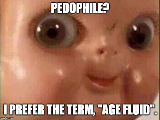 Creepy doll | PEDOPHILE? I PREFER THE TERM, "AGE FLUID". | image tagged in creepy doll | made w/ Imgflip meme maker
