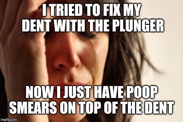 First World Problems Meme | I TRIED TO FIX MY DENT WITH THE PLUNGER NOW I JUST HAVE POOP SMEARS ON TOP OF THE DENT | image tagged in memes,first world problems | made w/ Imgflip meme maker