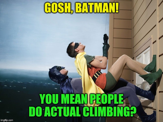 batman and robin climbing a building | GOSH, BATMAN! YOU MEAN PEOPLE DO ACTUAL CLIMBING? | image tagged in batman and robin climbing a building | made w/ Imgflip meme maker