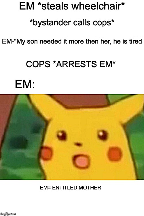 reddit is the lifesource of all memes | EM *steals wheelchair*; *bystander calls cops*; EM-"My son needed it more then her, he is tired; COPS *ARRESTS EM*; EM:; EM= ENTITLED MOTHER | image tagged in memes,surprised pikachu | made w/ Imgflip meme maker
