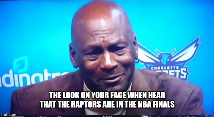 THE LOOK ON YOUR FACE WHEN HEAR THAT THE RAPTORS ARE IN THE NBA FINALS | image tagged in crying michael jordan | made w/ Imgflip meme maker