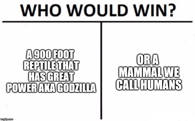 Who Would Win? | A 900 FOOT REPTILE THAT HAS GREAT POWER
AKA GODZILLA; OR A MAMMAL WE CALL HUMANS | image tagged in memes,who would win | made w/ Imgflip meme maker