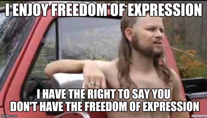 almost politically correct redneck | I ENJOY FREEDOM OF EXPRESSION; I HAVE THE RIGHT TO SAY YOU DON'T HAVE THE FREEDOM OF EXPRESSION | image tagged in almost politically correct redneck | made w/ Imgflip meme maker