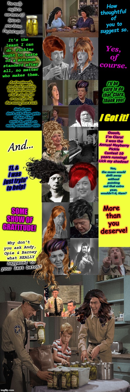 Mayberrian Situation! The Truth Comes Out Now! | How thoughtful of you to suggest so. You really ought to use more All Spice in your brine. I'm just sayin'. It's the least I can do. Pickles ought to taste of a minimum standard after all, no matter who makes them. Yes, of course. And incidentally, you should probably soak them in vinegar a half a day longer or so, to give 'em that missing zest & kick. I'll be sure to do that, Clara, thank you! And if you don't pick them quite so late they won't be quite so nearly crunchless soft. I Got it! And... Ooooh, I'm Clara! I won the Annual Mayberry Pickle Contest 10 years running! Lick my shadow! Yes, the moon would drift away without pointing out that extra year, wouldn't it, Ham? 11, & I was just tryin' to help! More than you deserve! SOME SHOW OF GRATITUDE! Why don't you ask Andy, Opie & Barney what REALLY happened to your last batch? | image tagged in mayberrian situation the truth comes out now | made w/ Imgflip meme maker