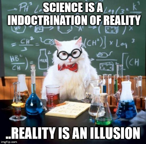 Chemistry Cat | SCIENCE IS A INDOCTRINATION OF REALITY; ..REALITY IS AN ILLUSION | image tagged in memes,chemistry cat | made w/ Imgflip meme maker