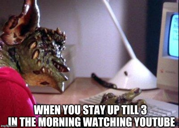 Gremlin computer | WHEN YOU STAY UP TILL 3 IN THE MORNING WATCHING YOUTUBE | image tagged in gremlin computer | made w/ Imgflip meme maker