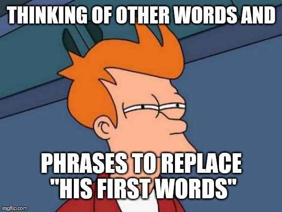 THINKING OF OTHER WORDS AND PHRASES TO REPLACE "HIS FIRST WORDS" | image tagged in memes,futurama fry | made w/ Imgflip meme maker