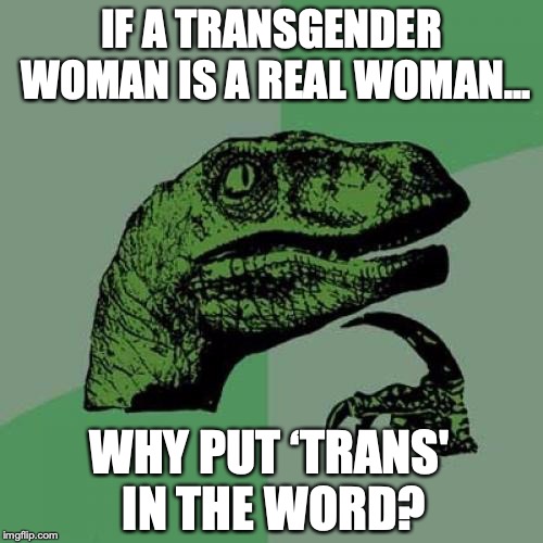 Philosoraptor | IF A TRANSGENDER WOMAN IS A REAL WOMAN... WHY PUT ‘TRANS' IN THE WORD? | image tagged in memes,philosoraptor,transgender,language | made w/ Imgflip meme maker
