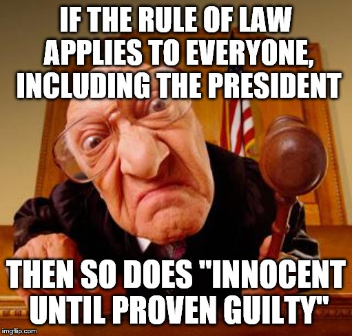 I'm not a Trump supporter, but seriously, you guys... | IF THE RULE OF LAW APPLIES TO EVERYONE, INCLUDING THE PRESIDENT; THEN SO DOES "INNOCENT UNTIL PROVEN GUILTY" | image tagged in mean judge | made w/ Imgflip meme maker