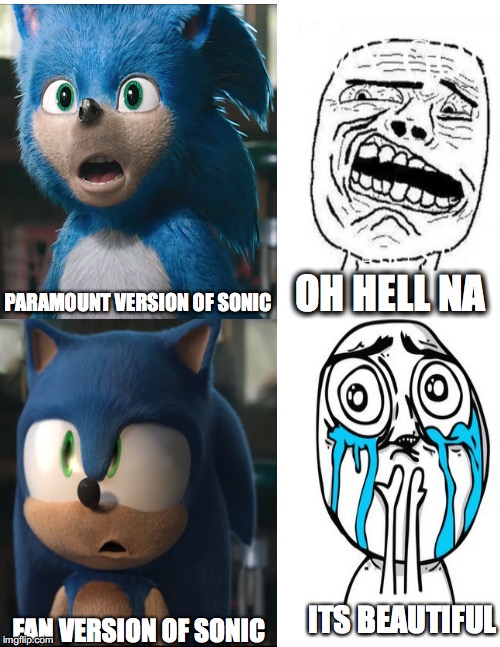 OH HELL NA; PARAMOUNT VERSION OF SONIC; ITS BEAUTIFUL; FAN VERSION OF SONIC | image tagged in sonic the hedgehog,sonic meme,sonic fanbase reaction,sonic,sonic movie,oh hell no | made w/ Imgflip meme maker