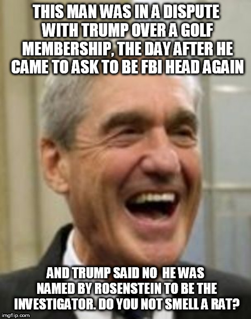 Mueller Laughing | THIS MAN WAS IN A DISPUTE WITH TRUMP OVER A GOLF MEMBERSHIP, THE DAY AFTER HE CAME TO ASK TO BE FBI HEAD AGAIN; AND TRUMP SAID NO  HE WAS NAMED BY ROSENSTEIN TO BE THE INVESTIGATOR. DO YOU NOT SMELL A RAT? | image tagged in mueller laughing | made w/ Imgflip meme maker
