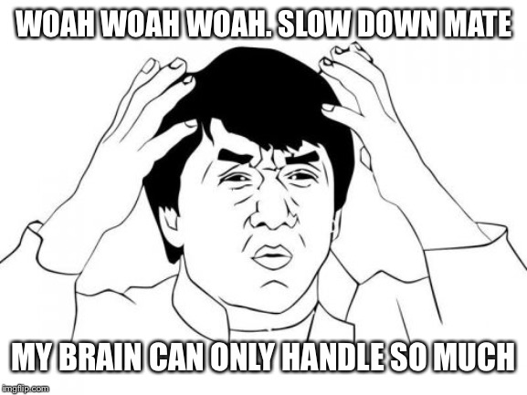 Jackie Chan WTF Meme | WOAH WOAH WOAH. SLOW DOWN MATE MY BRAIN CAN ONLY HANDLE SO MUCH | image tagged in memes,jackie chan wtf | made w/ Imgflip meme maker