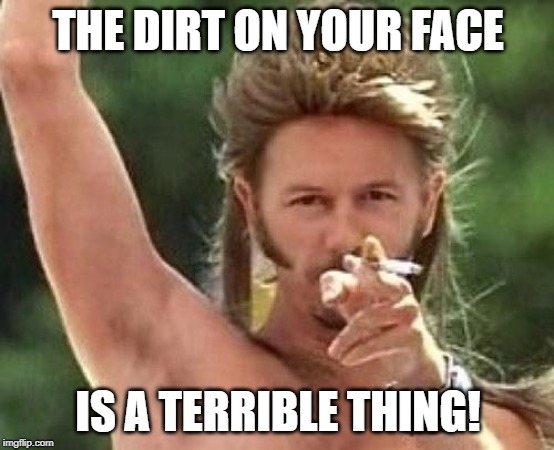 Joe dirt | THE DIRT ON YOUR FACE; IS A TERRIBLE THING! | image tagged in joe dirt | made w/ Imgflip meme maker