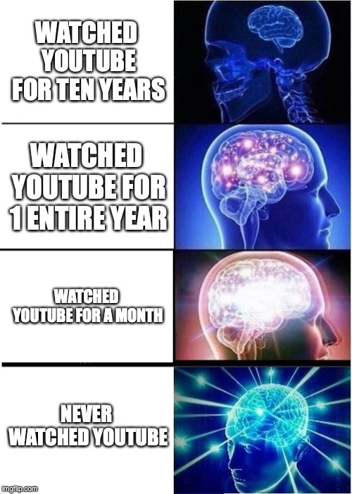 Expanding Brain | WATCHED YOUTUBE FOR TEN YEARS; WATCHED YOUTUBE FOR 1 ENTIRE YEAR; WATCHED YOUTUBE FOR A MONTH; NEVER WATCHED YOUTUBE | image tagged in memes,expanding brain | made w/ Imgflip meme maker