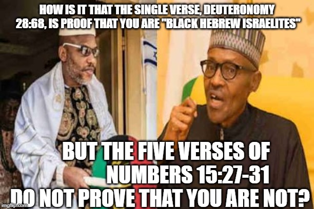 Nnamdi Kanu learns Igbos are in The Torah 001 | HOW IS IT THAT THE SINGLE VERSE, DEUTERONOMY 28:68, IS PROOF THAT YOU ARE "BLACK HEBREW ISRAELITES"; BUT THE FIVE VERSES OF               NUMBERS 15:27-31 DO NOT PROVE THAT YOU ARE NOT? | image tagged in nnamdi kanu learns igbos are in the torah 001 | made w/ Imgflip meme maker