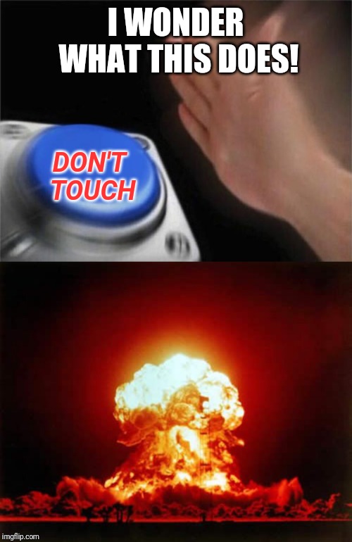 I WONDER WHAT THIS DOES! DON'T TOUCH | image tagged in memes,nuclear explosion,blank nut button | made w/ Imgflip meme maker