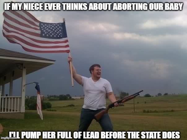 Political satire | IF MY NIECE EVER THINKS ABOUT ABORTING OUR BABY; I'LL PUMP HER FULL OF LEAD BEFORE THE STATE DOES | image tagged in redneck shotgun and flag | made w/ Imgflip meme maker