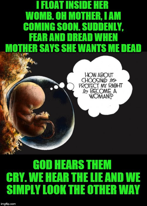 From Holy Soldier song "See no Evil" | I FLOAT INSIDE HER WOMB.
OH MOTHER, I AM COMING SOON.
SUDDENLY, FEAR AND DREAD
WHEN MOTHER SAYS SHE WANTS ME DEAD; GOD HEARS THEM CRY.
WE HEAR THE LIE
AND WE SIMPLY LOOK THE OTHER WAY | image tagged in prolife,babies,killing,poor choices | made w/ Imgflip meme maker