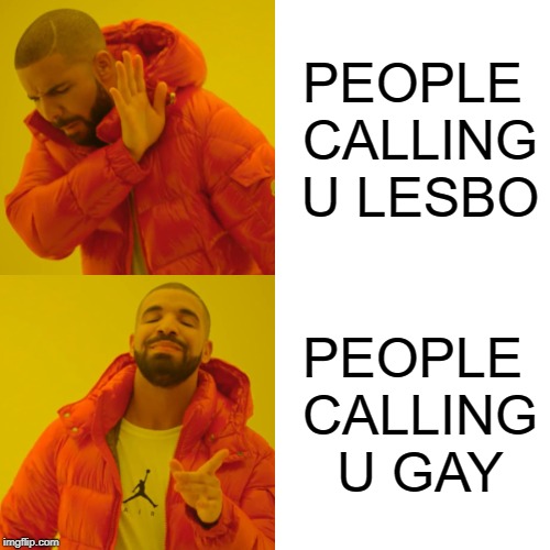 Drake Hotline Bling | PEOPLE CALLING U LESBO; PEOPLE CALLING U GAY | image tagged in memes,drake hotline bling | made w/ Imgflip meme maker