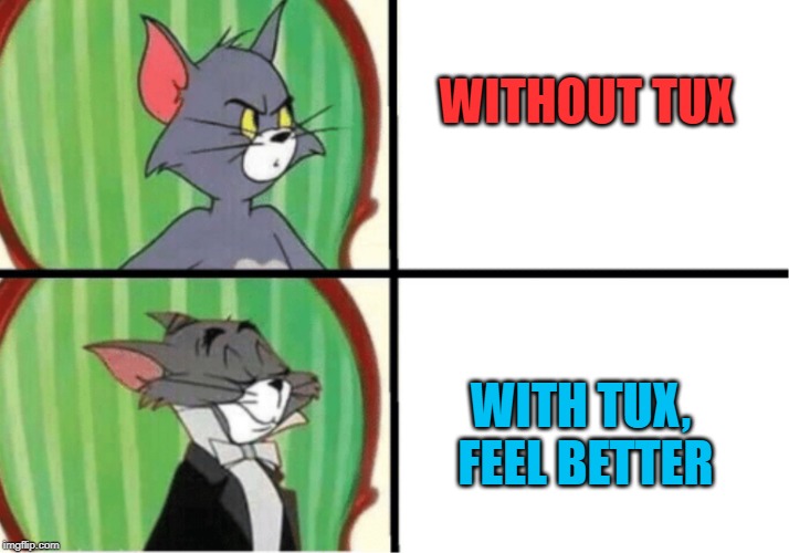 Tuxedo tom | WITHOUT TUX; WITH TUX, FEEL BETTER | image tagged in tuxedo tom | made w/ Imgflip meme maker