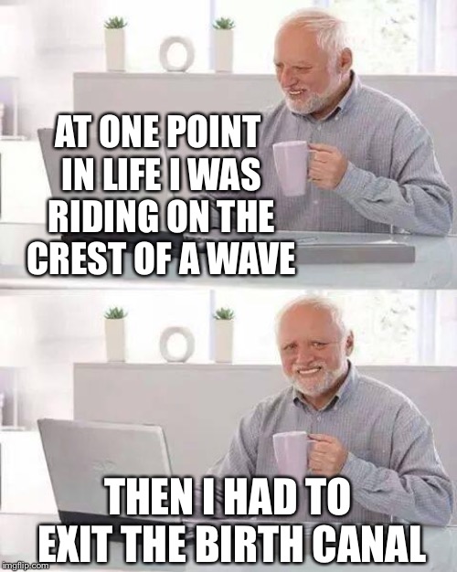 And just like that, he was hiding the pain | AT ONE POINT IN LIFE I WAS RIDING ON THE CREST OF A WAVE; THEN I HAD TO EXIT THE BIRTH CANAL | image tagged in memes,hide the pain harold,riding,waves,happy birthday,or is it | made w/ Imgflip meme maker