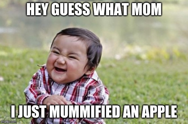 Evil Toddler Meme | HEY GUESS WHAT M0M; I JUST MUMMIFIED AN APPLE | image tagged in memes,evil toddler | made w/ Imgflip meme maker