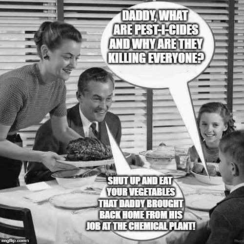 Vintage Family Dinner | DADDY, WHAT ARE PEST-I-CIDES AND WHY ARE THEY KILLING EVERYONE? SHUT UP AND EAT YOUR VEGETABLES THAT DADDY BROUGHT BACK HOME FROM HIS JOB AT THE CHEMICAL PLANT! | image tagged in vintage family dinner | made w/ Imgflip meme maker