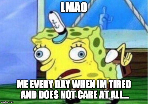 Mocking Spongebob | LMAO; ME EVERY DAY WHEN IM TIRED AND DOES NOT CARE AT ALL... | image tagged in memes,mocking spongebob | made w/ Imgflip meme maker