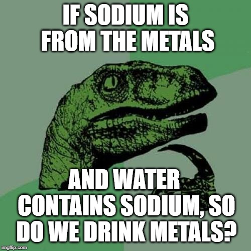 If you dont understand it look at the periodic table... | IF SODIUM IS FROM THE METALS; AND WATER CONTAINS SODIUM, SO DO WE DRINK METALS? | image tagged in memes,funny,philosoraptor,water,sodium | made w/ Imgflip meme maker