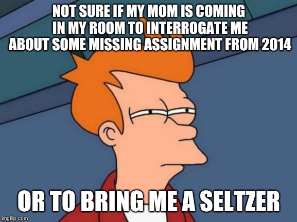 Futurama Fry | NOT SURE IF MY MOM IS COMING IN MY ROOM TO INTERROGATE ME ABOUT SOME MISSING ASSIGNMENT FROM 2014; OR TO BRING ME A SELTZER | image tagged in memes,futurama fry | made w/ Imgflip meme maker
