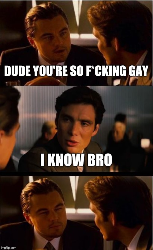 Inception | DUDE YOU'RE SO F*CKING GAY; I KNOW BRO | image tagged in memes,inception | made w/ Imgflip meme maker
