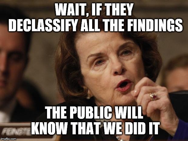 Feinstein | WAIT, IF THEY DECLASSIFY ALL THE FINDINGS THE PUBLIC WILL KNOW THAT WE DID IT | image tagged in feinstein | made w/ Imgflip meme maker