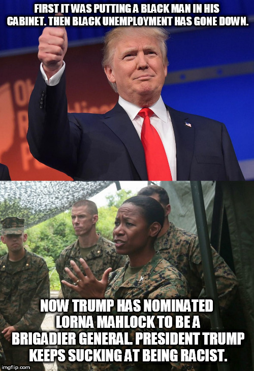 FIRST IT WAS PUTTING A BLACK MAN IN HIS CABINET. THEN BLACK UNEMPLOYMENT HAS GONE DOWN. NOW TRUMP HAS NOMINATED LORNA MAHLOCK TO BE A BRIGADIER GENERAL. PRESIDENT TRUMP KEEPS SUCKING AT BEING RACIST. | image tagged in donald trump,general,black people | made w/ Imgflip meme maker