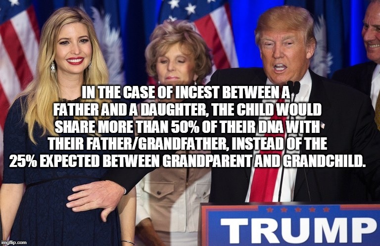 DNA TEST? | IN THE CASE OF INCEST BETWEEN A FATHER AND A DAUGHTER, THE CHILD WOULD SHARE MORE THAN 50% OF THEIR DNA WITH THEIR FATHER/GRANDFATHER, INSTEAD OF THE 25% EXPECTED BETWEEN GRANDPARENT AND GRANDCHILD. | image tagged in donald trump,ivanka trump,incest,dna | made w/ Imgflip meme maker