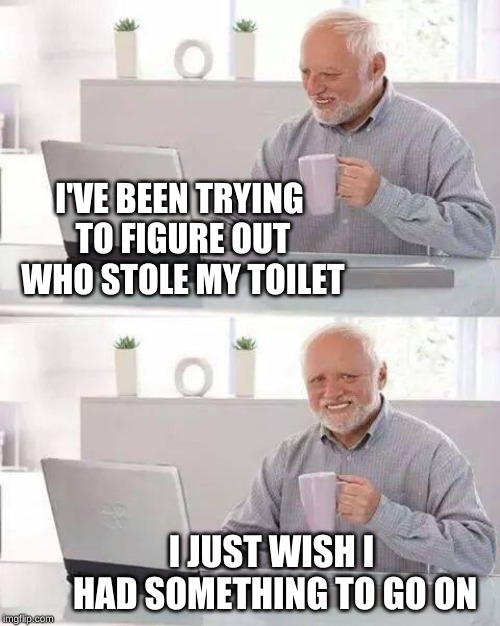Poop jokes aren't the best; they're #2 | I'VE BEEN TRYING TO FIGURE OUT WHO STOLE MY TOILET; I JUST WISH I HAD SOMETHING TO GO ON | image tagged in memes,hide the pain harold,please kill me,horrible pun harold,toilet humor,confused dafuq jack sparrow what | made w/ Imgflip meme maker