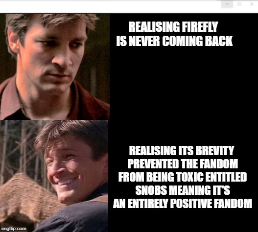 Firefly is the best gorram fandom ever | REALISING FIREFLY IS NEVER COMING BACK; REALISING ITS BREVITY PREVENTED THE FANDOM FROM BEING TOXIC ENTITLED SNOBS MEANING IT'S AN ENTIRELY POSITIVE FANDOM | image tagged in firefly,fandom | made w/ Imgflip meme maker