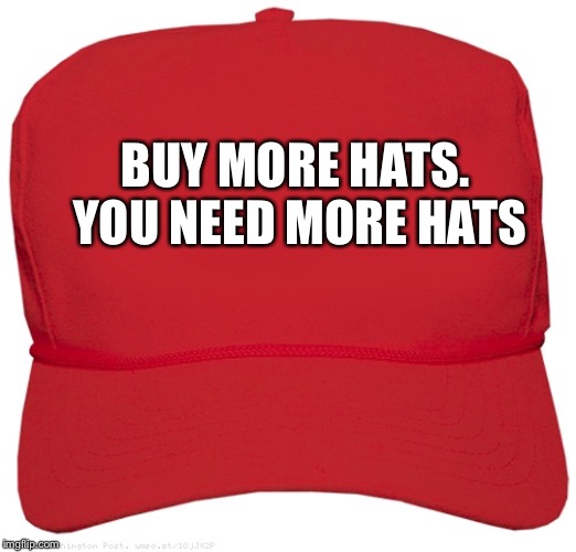 blank red MAGA hat | BUY MORE HATS. YOU NEED MORE HATS | image tagged in blank red maga hat | made w/ Imgflip meme maker