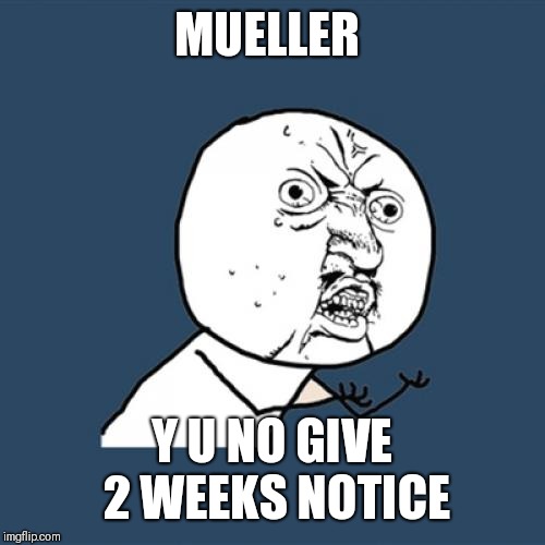 Y U No | MUELLER; Y U NO GIVE 2 WEEKS NOTICE | image tagged in memes,y u no | made w/ Imgflip meme maker