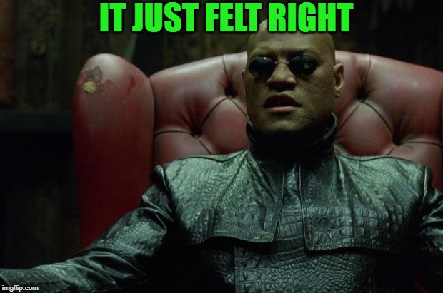 Matrix Morpheus  | IT JUST FELT RIGHT | image tagged in matrix morpheus | made w/ Imgflip meme maker