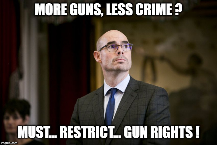 Texas Democrat | MORE GUNS, LESS CRIME ? MUST... RESTRICT... GUN RIGHTS ! | image tagged in texas democrat | made w/ Imgflip meme maker
