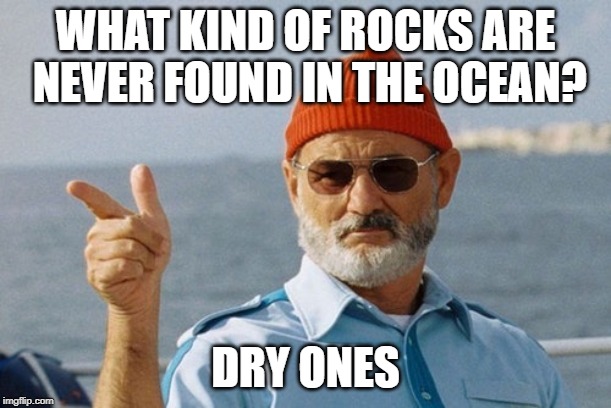 Steve Zissou | WHAT KIND OF ROCKS ARE NEVER FOUND IN THE OCEAN? DRY ONES | image tagged in bad pun,memes | made w/ Imgflip meme maker