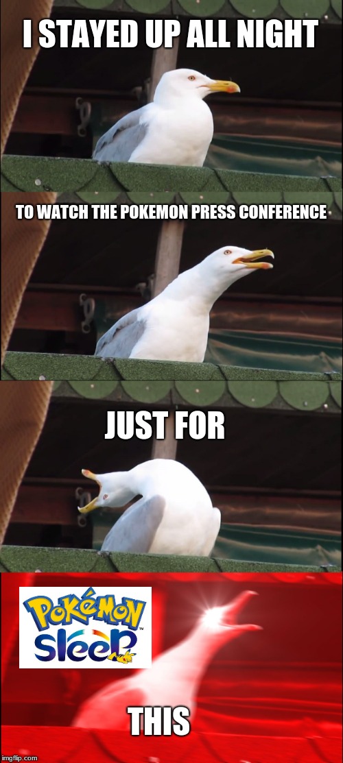 Inhaling Seagull Meme | I STAYED UP ALL NIGHT; TO WATCH THE POKEMON PRESS CONFERENCE; JUST FOR; THIS | image tagged in memes,inhaling seagull | made w/ Imgflip meme maker