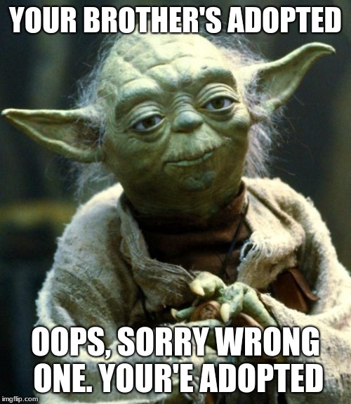 Star Wars Yoda | YOUR BROTHER'S ADOPTED; OOPS, SORRY WRONG ONE. YOUR'E ADOPTED | image tagged in memes,star wars yoda | made w/ Imgflip meme maker