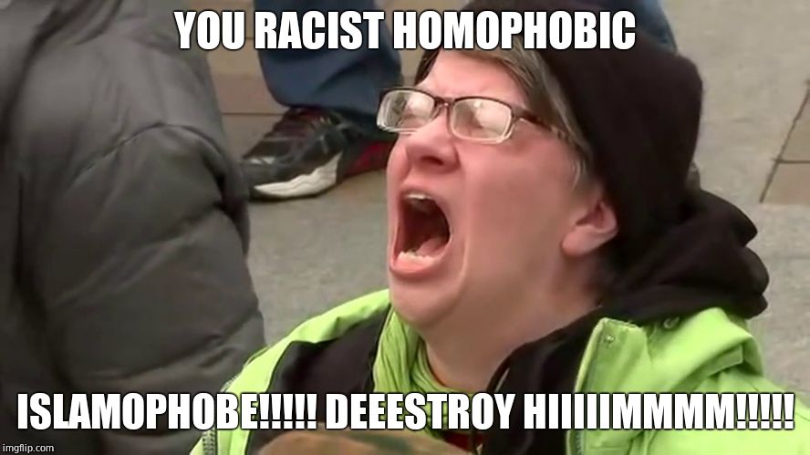 Screaming Libtard  | YOU RACIST HOMOPHOBIC ISLAMOPHOBE!!!!! DEEESTROY HIIIIIMMMM!!!!! | image tagged in screaming libtard | made w/ Imgflip meme maker