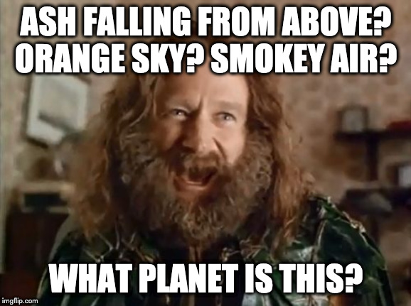 What Year Is It Meme | ASH FALLING FROM ABOVE? ORANGE SKY? SMOKEY AIR? WHAT PLANET IS THIS? | image tagged in memes,what year is it | made w/ Imgflip meme maker